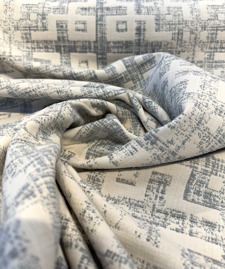 Sunbrella Merchant Mist Blue Solution-Dyed Acrylic Fabric - Distressed Geometric, Mist Blue/Ivory, 54" Width (By The Yard)
