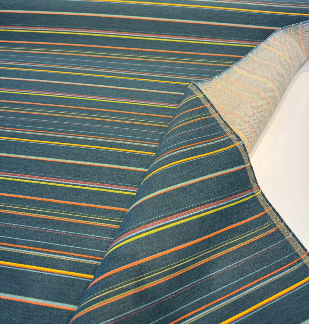 Sunbrella Prismatic Lagoon Acrylic Fabric - Lagoon Stripe, Blue/Orange/Yellow/Green, 54" Width (By The Yard)