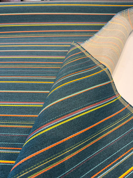 Sunbrella Prismatic Lagoon Acrylic Fabric - Lagoon Stripe, Blue/Orange/Yellow/Green, 54" Width (By The Yard)