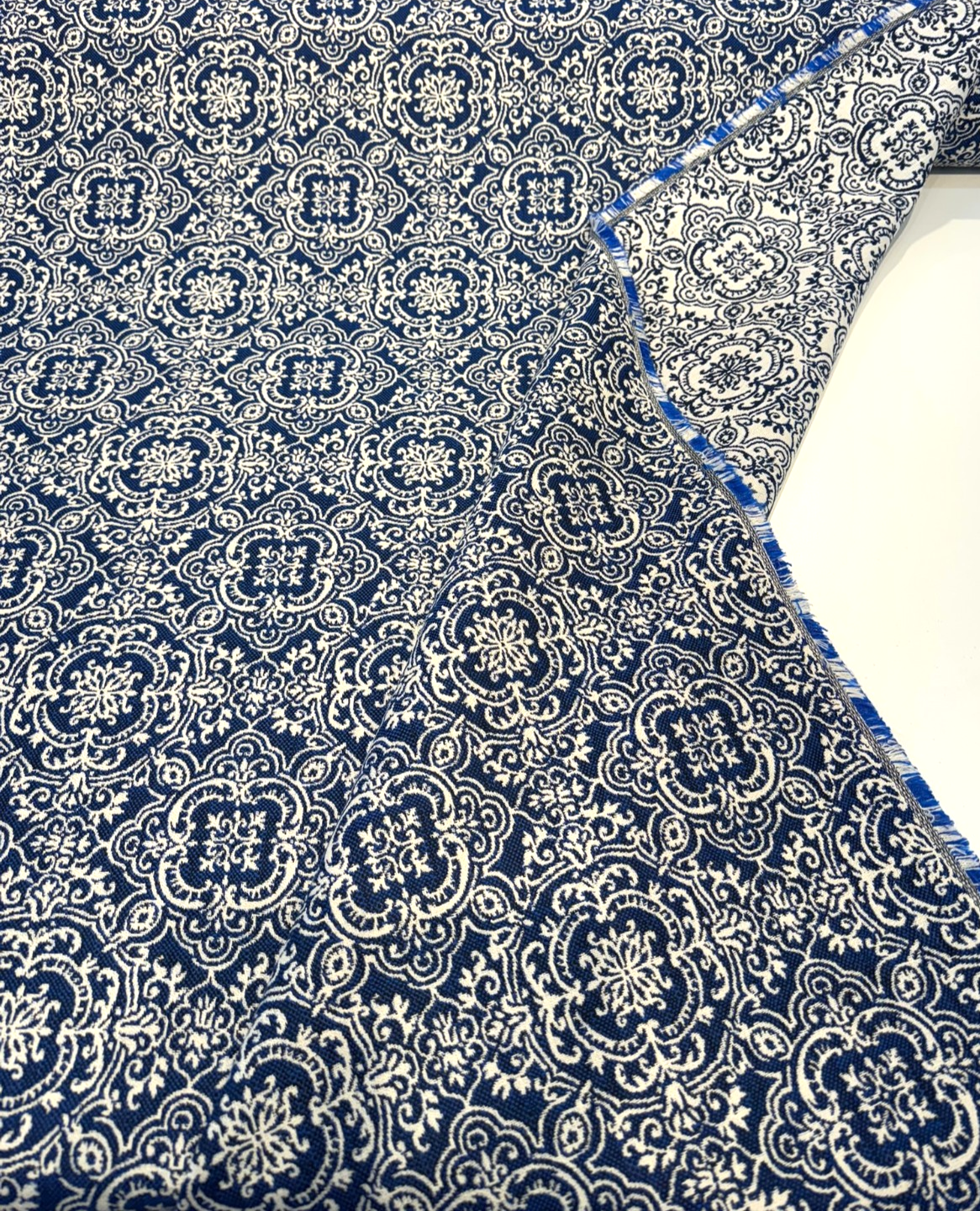 Amalfi Sunbrella Acrylic Fabric - Azure Blue/Ivory Damask, 54" Width, 7.5" Repeat (1 Yard)