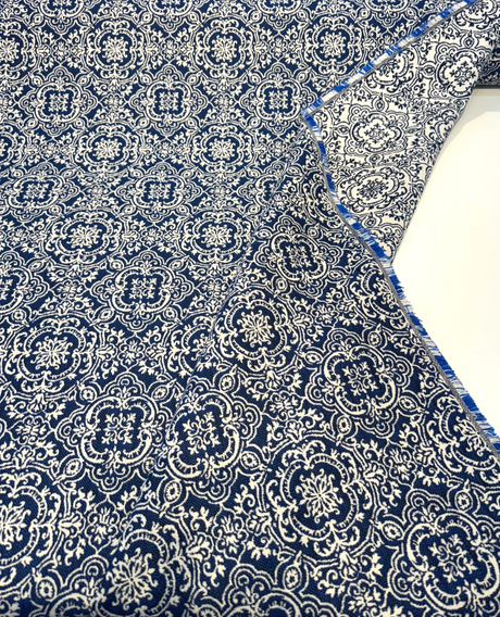 Amalfi Sunbrella Acrylic Fabric - Azure Blue/Ivory Damask, 54" Width, 7.5" Repeat (1 Yard)
