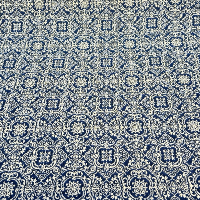 Amalfi Sunbrella Acrylic Fabric - Azure Blue/Ivory Damask, 54" Width, 7.5" Repeat (1 Yard)