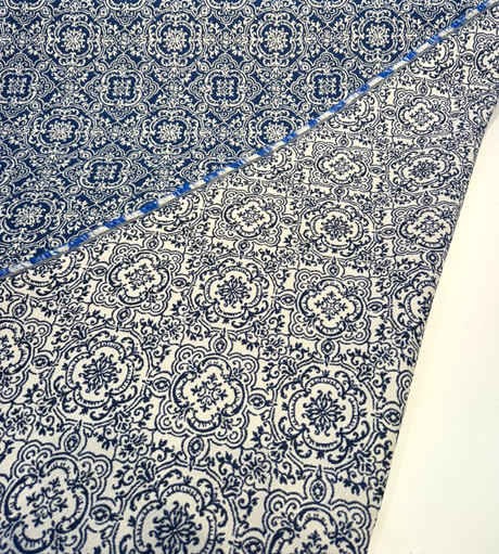 Amalfi Sunbrella Acrylic Fabric - Azure Blue/Ivory Damask, 54" Width, 7.5" Repeat (1 Yard)