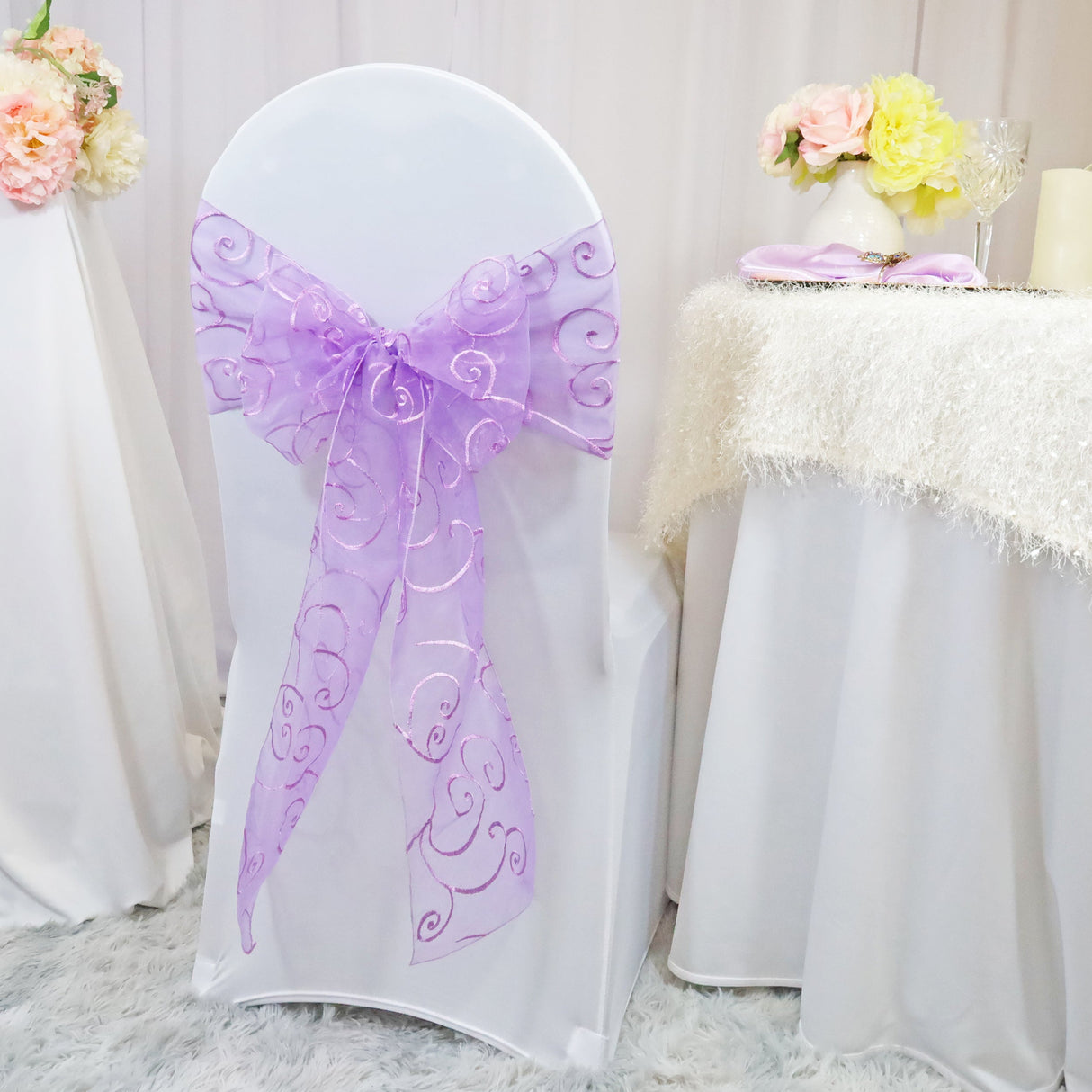 Embroidered Organza Chair Sash Lavender
