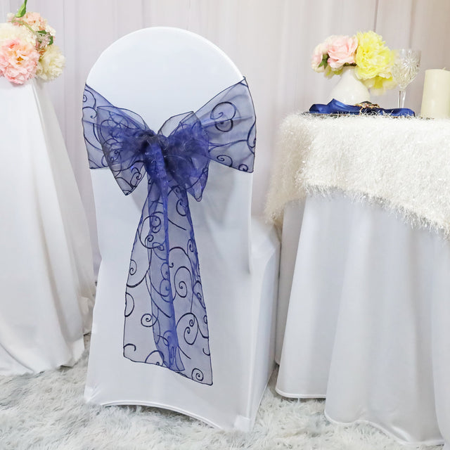 Embroidered Organza Chair Sash Navy Blue 8x108