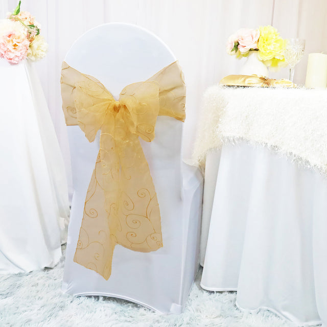 Embroidered Organza Chair Sash Gold 8x108