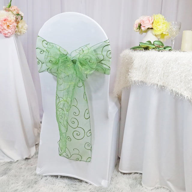 Embroidered Organza Chair Sash Clover Green 8x108