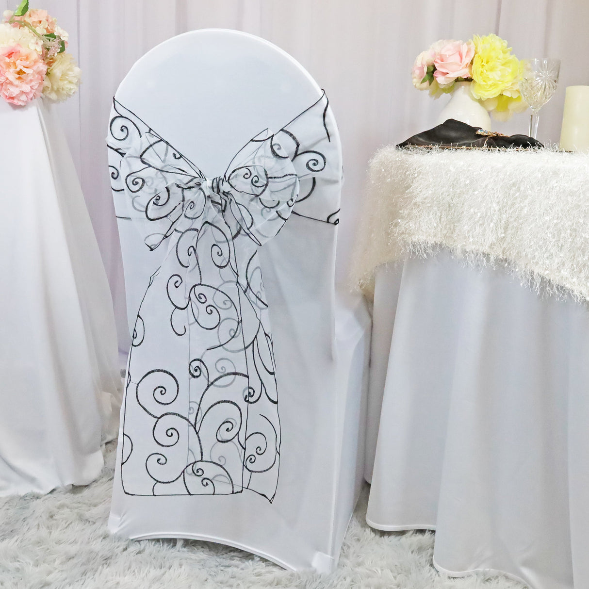 Embroidered Organza Chair Sash Sample 8x108 White/Black