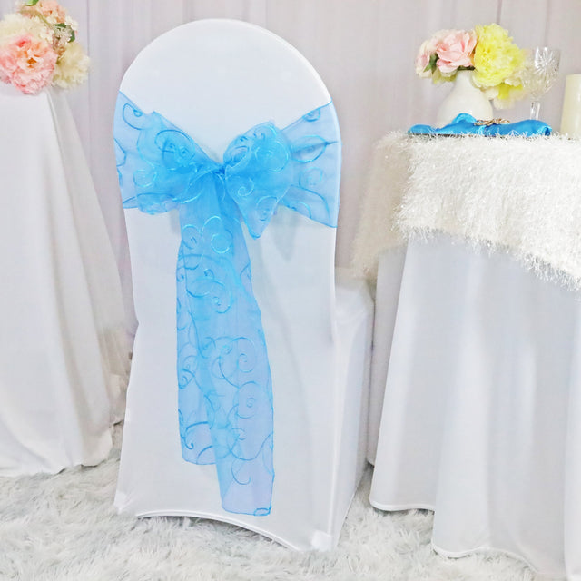 Embroidered Organza Chair Sash Turquoise 8x108