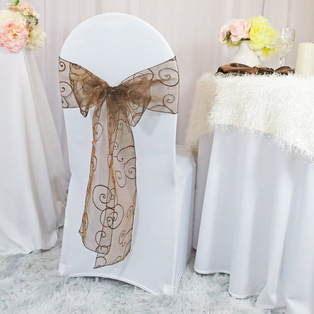 Embroidered Organza Chair Sash Sample 8x108 Chocolate