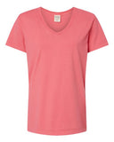 Camiseta de cuello en V teñida de prenda para mujer