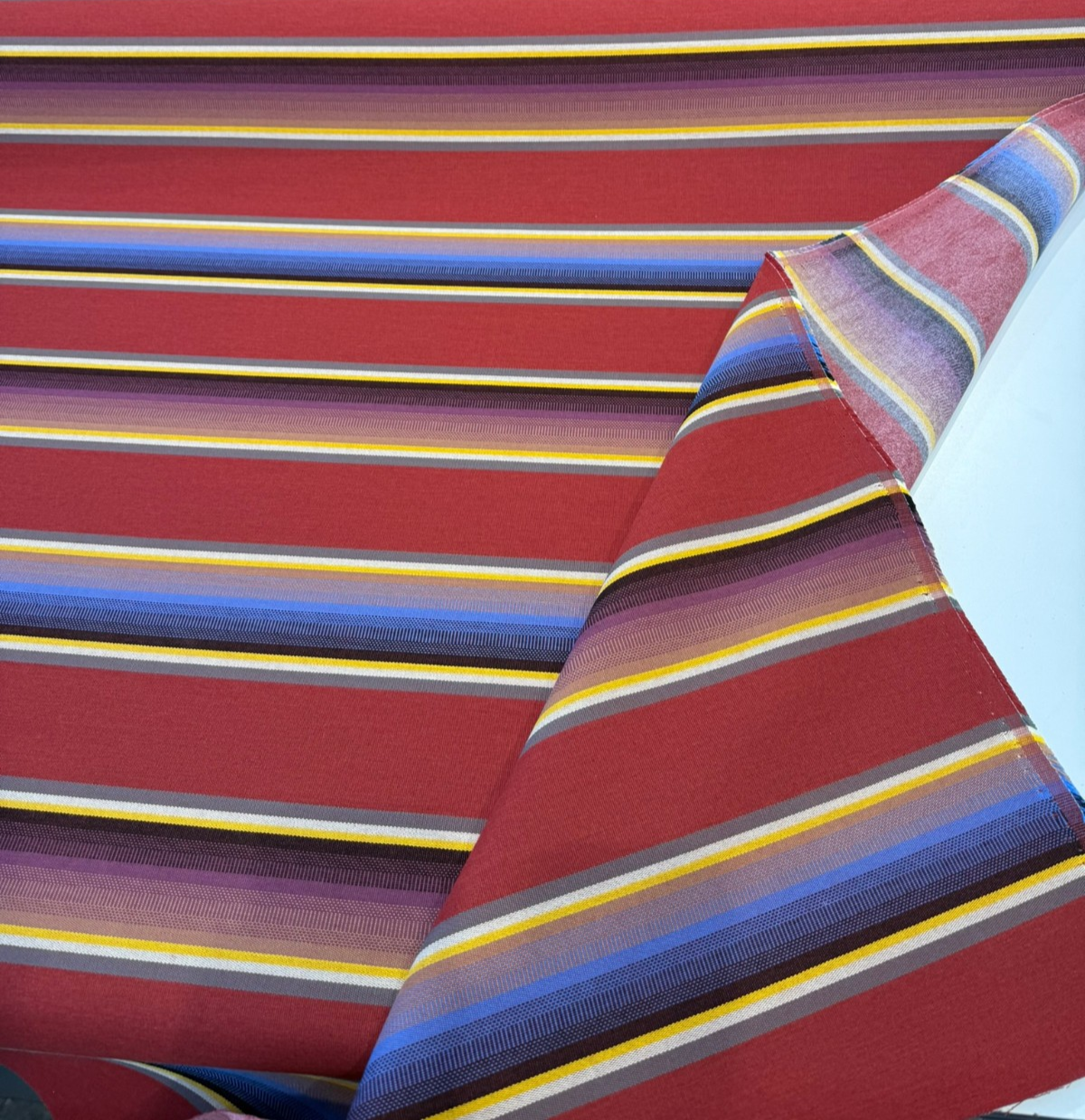 Sunbrella Serape Stripe Canyon Acrylic Fabric - Serape Stripe, Red/Yellow/Purple/Blue/Gray/Black, 56" Width (1 Yard)
