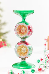 10" Red & Green Reflector Glass Candle Holder