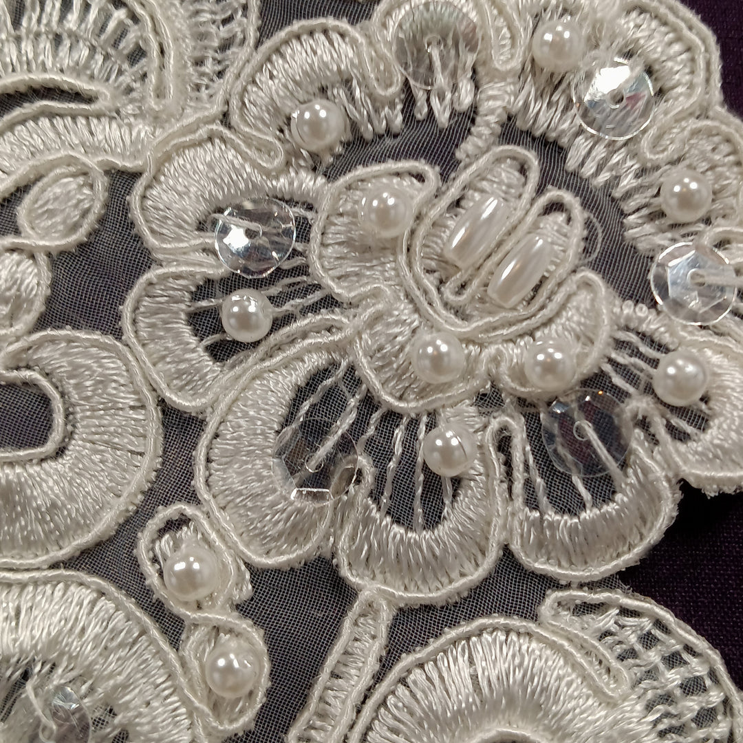 1 Pair Beaded & Corded Floral Lace Applique 11" x 3" Each Side