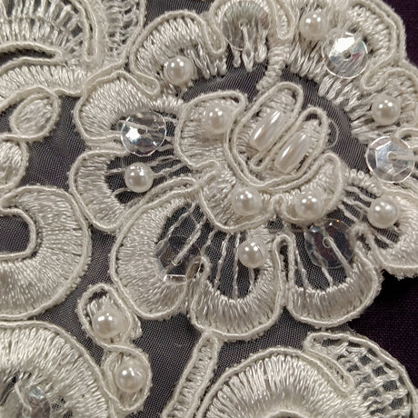 Beaded Corded Floral Lace Applique Polyester Fabric - White, Ivory, 11" X 3" (1 Pair)