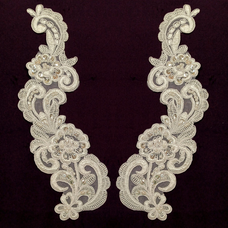 Beaded Corded Floral Lace Applique Polyester Fabric - White, Ivory, 11" X 3" (1 Pair)