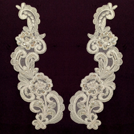 Beaded Corded Floral Lace Applique Polyester Fabric - White, Ivory, 11" X 3" (1 Pair)