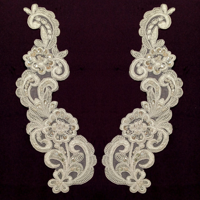 Beaded Corded Floral Lace Applique Polyester Fabric - White, Ivory, 11" X 3" (1 Pair)