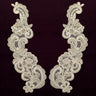 Beaded Corded Floral Lace Applique Polyester Fabric - White, Ivory, 11" X 3" (1 Pair)