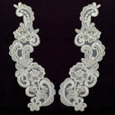 Beaded Corded Floral Lace Applique Polyester Fabric - White, Ivory, 11" X 3" (1 Pair)