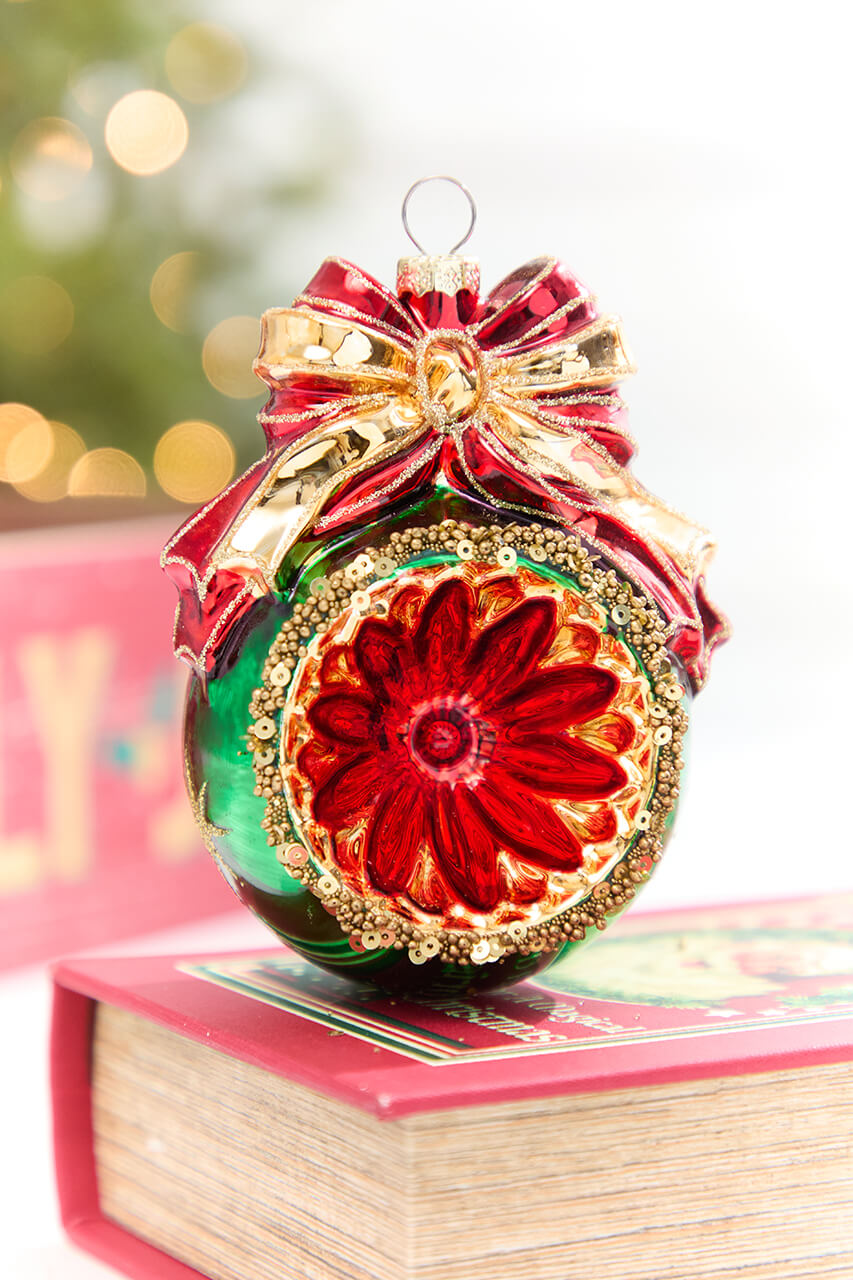 5" Reflector Ball with Bow Glass Ornament