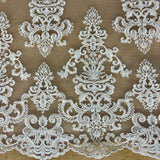 1 Yard Beaded & Corded Embroidered Bridal Lace Fabric, 52” Wide Polyester Mesh Net,