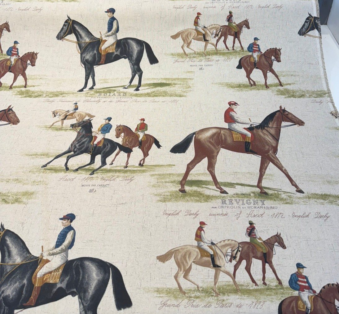 Equestrian Horse Derby Cotton Blend Fabric - Vintage Horse Racing Motif, Earth Tones, 54" Width (1 Yard)