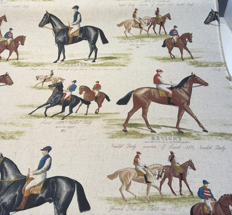 Equestrian Horse Derby Cotton Blend Fabric - Vintage Horse Racing Motif, Earth Tones, 54" Width (1 Yard)