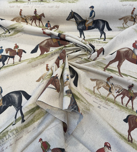 Equestrian Horse Derby Cotton Blend Fabric - Vintage Horse Racing Motif, Earth Tones, 54" Width (1 Yard)