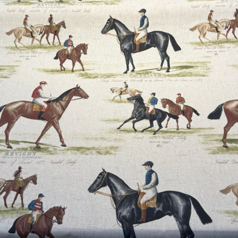 Equestrian Horse Derby Cotton Blend Fabric - Vintage Horse Racing Motif, Earth Tones, 54" Width (1 Yard)