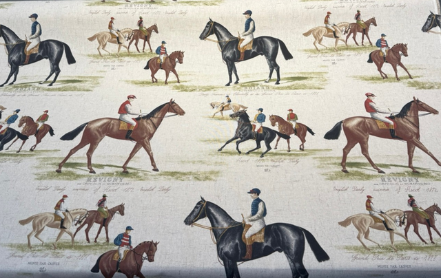 Equestrian Horse Derby Cotton Blend Fabric - Vintage Horse Racing Motif, Earth Tones, 54" Width (1 Yard)