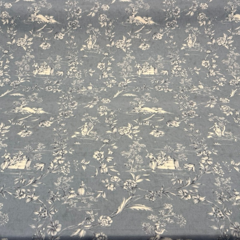 Blue Floral Toile Scenic Cotton Fabric - Dusty Blue, White Floral Scenic Toile, 54" Width (By The Yard)
