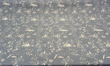Blue Floral Toile Scenic Cotton Fabric - Dusty Blue, White Floral Scenic Toile, 54" Width (By The Yard)