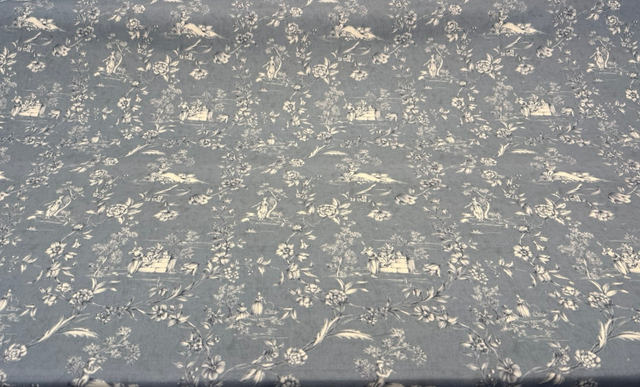 Blue Floral Toile Scenic Cotton Fabric - Dusty Blue, White Floral Scenic Toile, 54" Width (By The Yard)