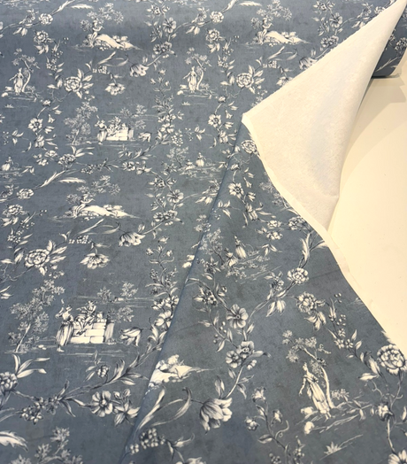 Blue Floral Toile Scenic Cotton Fabric - Dusty Blue, White Floral Scenic Toile, 54" Width (By The Yard)