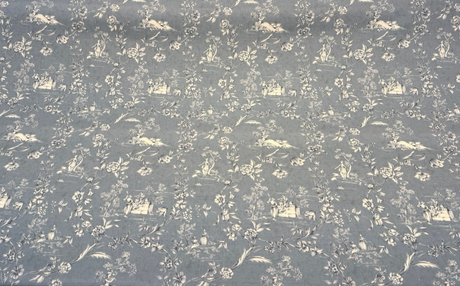 Blue Floral Toile Scenic Cotton Fabric - Dusty Blue, White Floral Scenic Toile, 54" Width (By The Yard)