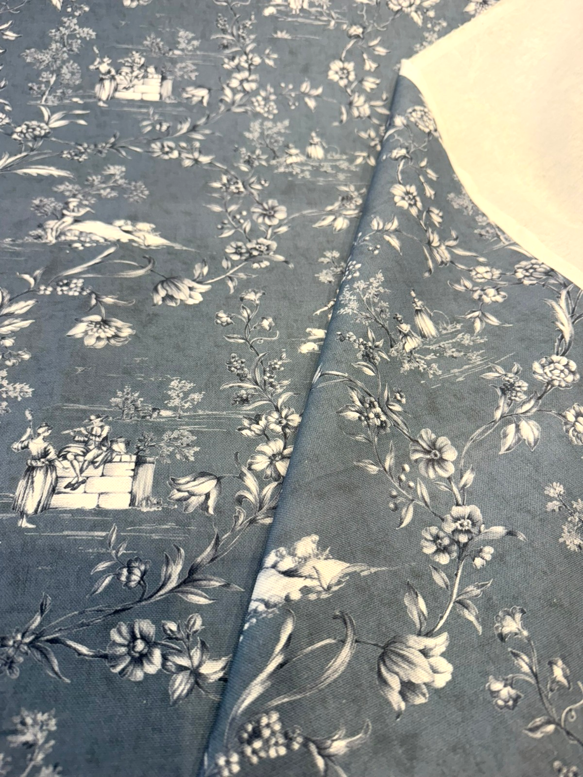 Blue Floral Toile Scenic Cotton Fabric - Dusty Blue, White Floral Scenic Toile, 54" Width (By The Yard)