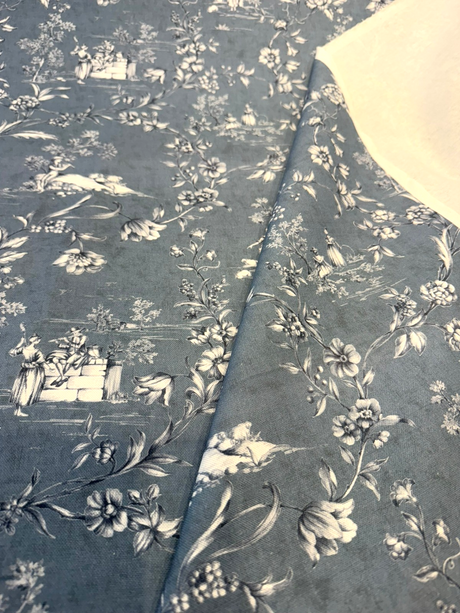 Blue Floral Toile Scenic Cotton Fabric - Dusty Blue, White Floral Scenic Toile, 54" Width (By The Yard)