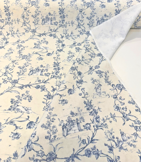 Floral Toile Scenic Cotton Fabric - White Blue Scenic Floral Toile, 54" Width (By The Yard)