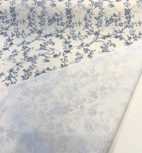 Floral Toile Scenic Cotton Fabric - White Blue Scenic Floral Toile, 54" Width (By The Yard)
