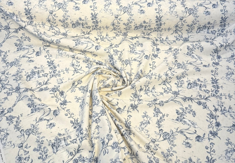 Floral Toile Scenic Cotton Fabric - White Blue Scenic Floral Toile, 54" Width (By The Yard)