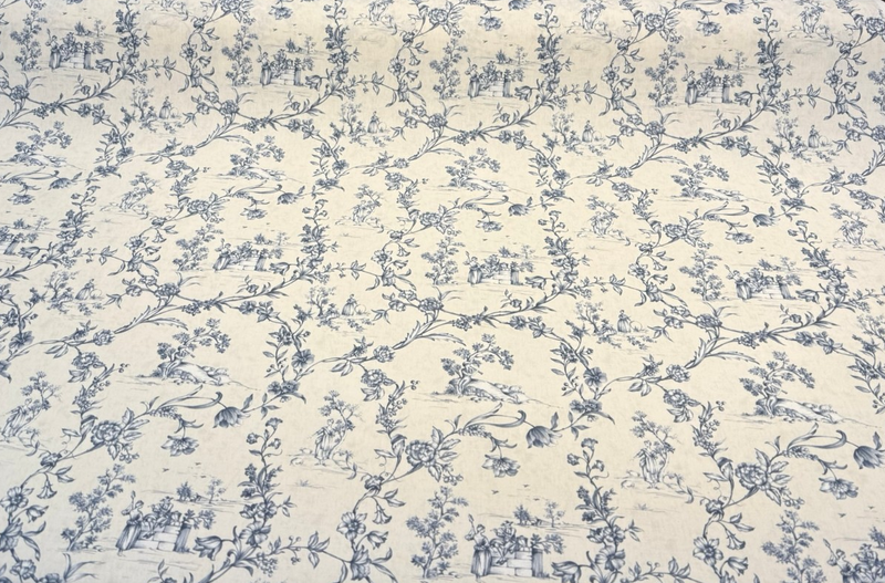 Floral Toile Scenic Cotton Fabric - White Blue Scenic Floral Toile, 54" Width (By The Yard)