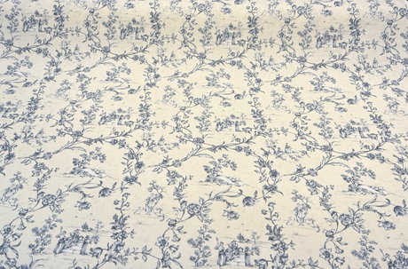 Floral Toile Scenic Cotton Fabric - White Blue Scenic Floral Toile, 54" Width (By The Yard)