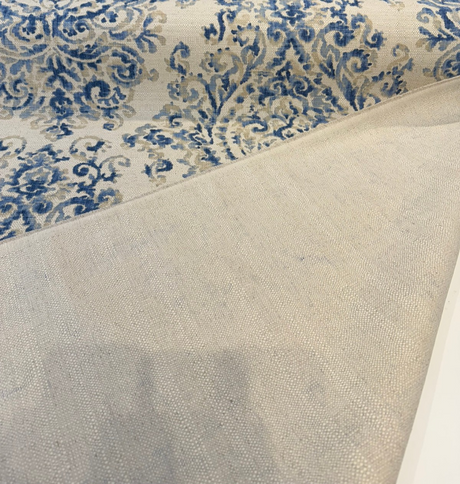 Lido Blue Damask Linen Blend Fabric - Ivory Base With Soft Blue Damask Pattern, 54" Width (By The Yard)