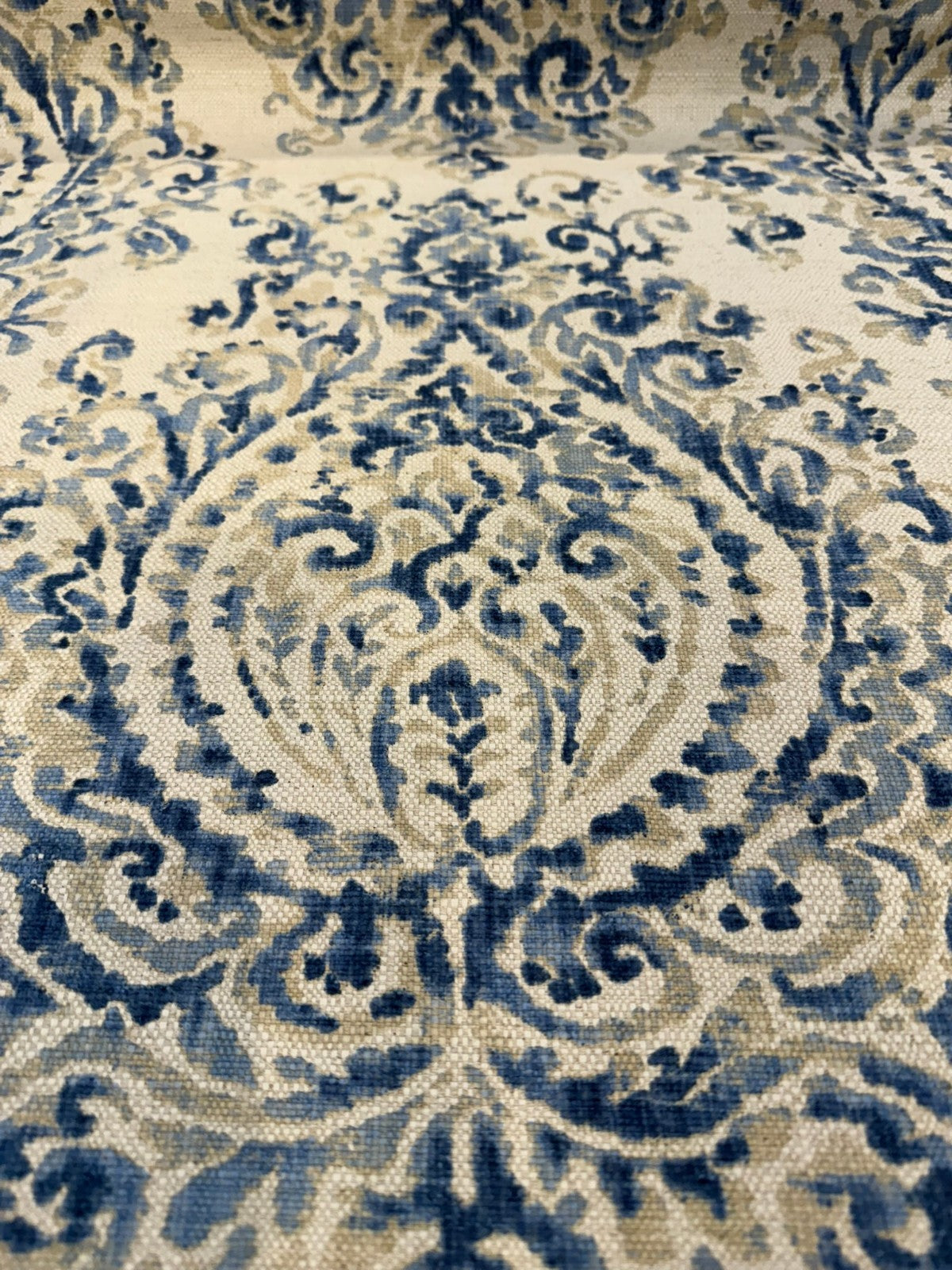Lido Blue Damask Linen Blend Fabric - Ivory Base With Soft Blue Damask Pattern, 54" Width (By The Yard)