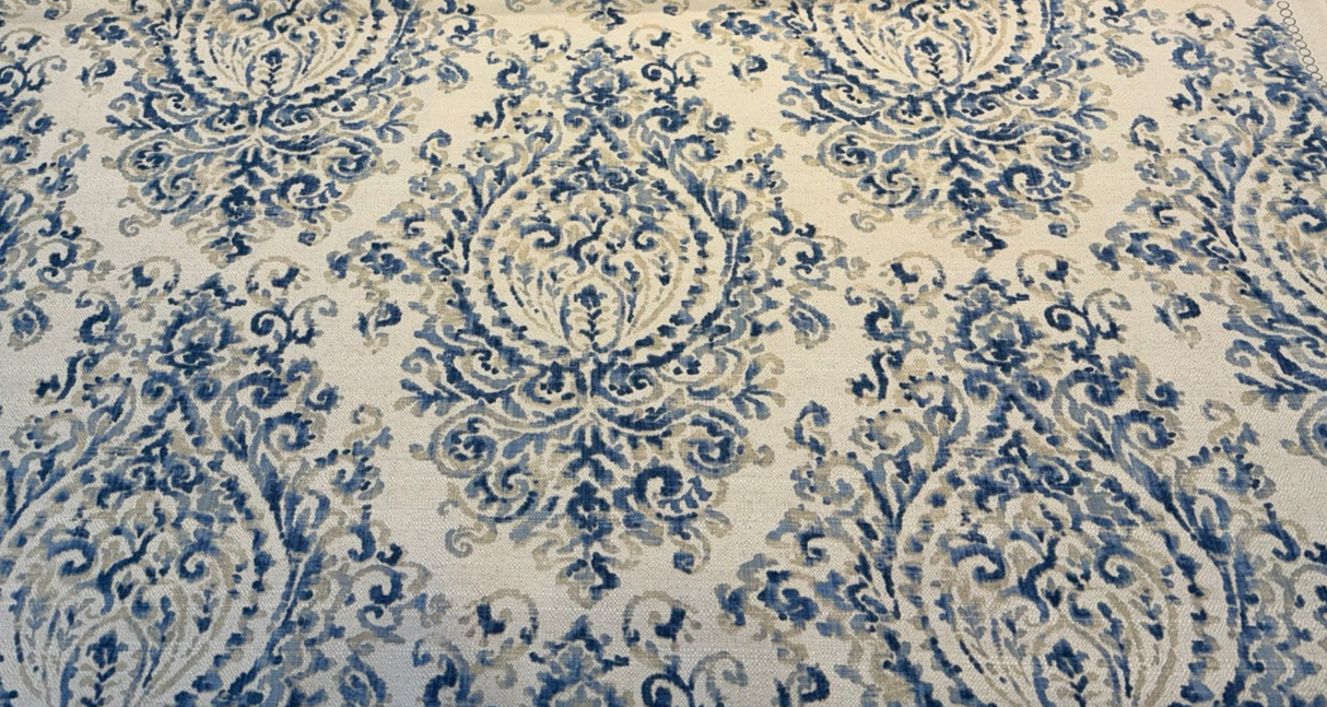 Lido Blue Damask Linen Blend Fabric - Ivory Base With Soft Blue Damask Pattern, 54" Width (By The Yard)
