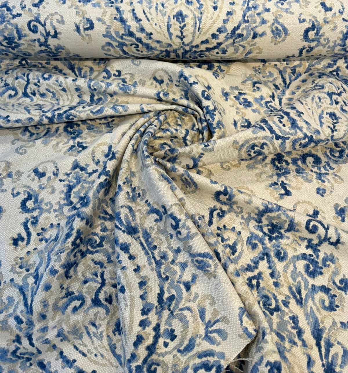 Lido Blue Damask Linen Blend Fabric - Ivory Base With Soft Blue Damask Pattern, 54" Width (By The Yard)