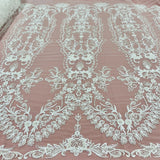 Beaded Lace Fabric Embroidered On 100 Percent Polyester Net Mesh - Off White, Antique Silver, White, 50" Wide (1 Yard)