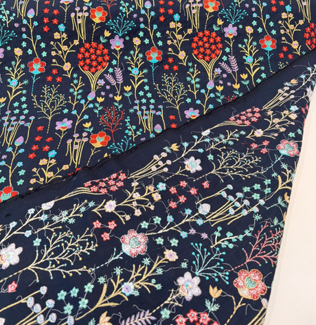 Floral Feast Embroidered Cotton Fabric - Twilight Blue, Embroidered Floral, 55" Width (1 Yard)