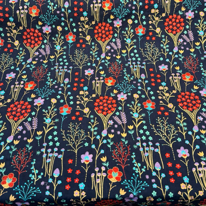 Floral Feast Embroidered Cotton Fabric - Twilight Blue, Embroidered Floral, 55" Width (1 Yard)